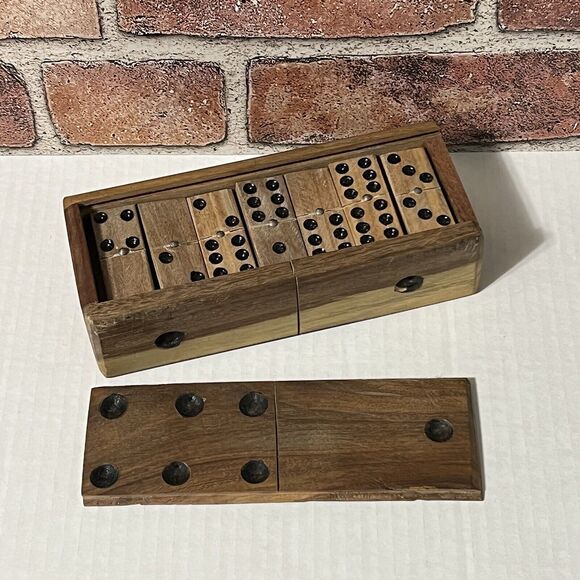 VINTAGE Wood Dominoes Set Metal Trim Handmade Collectible Complete Set 28 Pieces